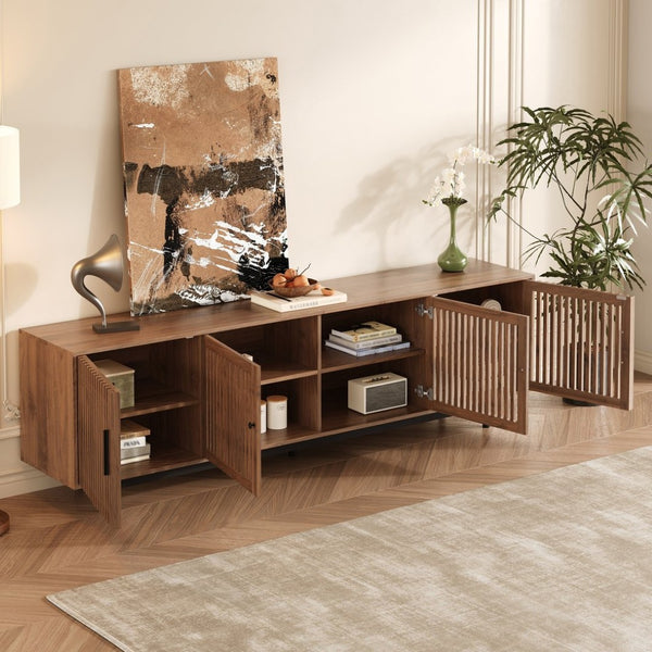 English Elm 78 Inch Walnut Media Console with Slatted Doors Solid Wood Legs and Cable Management N710P374706P