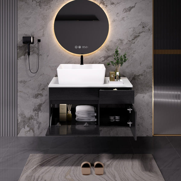 English Elm 31.5 Inch Wall Mounted Bathroom Vanity with Vessel Sink Soft Close Storage Cabinet W3136S00031