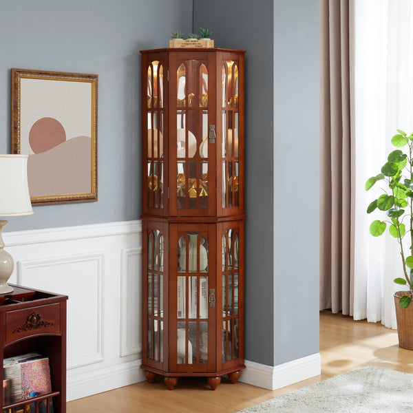 English Elm Corner Curio Cabinet with 6 Shelves, Tempered Glass Display, Built-In Lighting, Mirrored Back Walnut W1693P216949