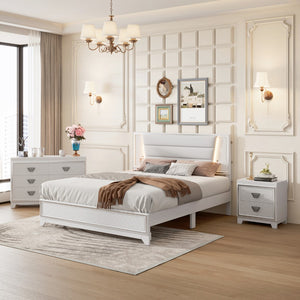 English Elm 3-Pieces Bedroom Sets Queen Size Upholstered Bed With Led Lights, Nightstands and Dresser With Metal Handles and Sparkling Shiny Decoration, White