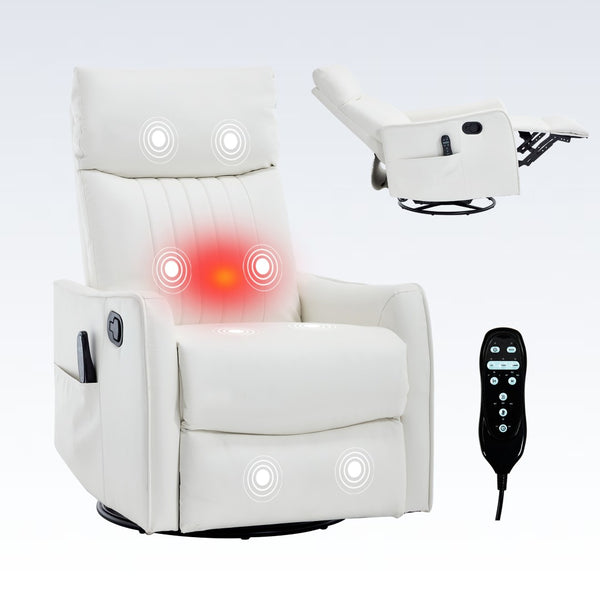 English Elm Beige Fabric Swivel Rocker Recliner with Massage Nodes and Lumbar Heat for Living Room White W1803P363432