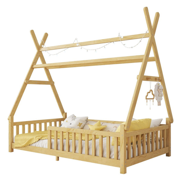 English Elm Twin Montessori Floor Bed House Frame with Led Lighting and Safety Rails for Kids Natural W2593P440573