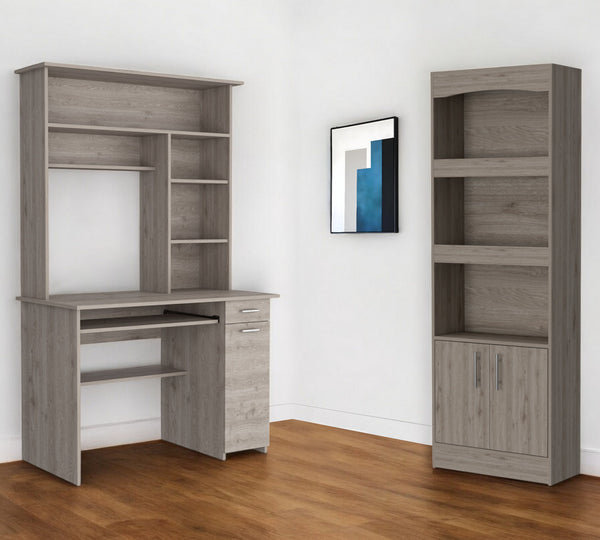 Homeroots 43" Light Gray Computer Desk With Hutch And Bookshelf Set   519042