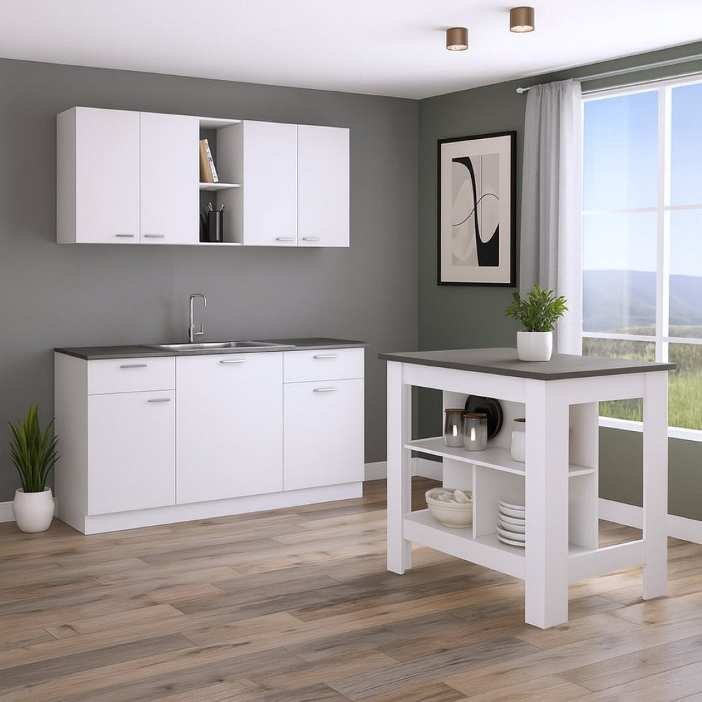 HomeRoots 41" Stylish Dark Brown and White Kitchen Island Set with Storage for Meal Prep and Dining Delight 519044
