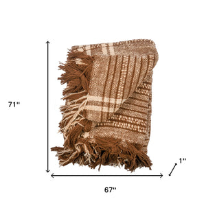 Homeroots 67" X 71" Brown And Ivory Cotton Woven Geometric Throw Blanket With Fringe  Cotton 519060