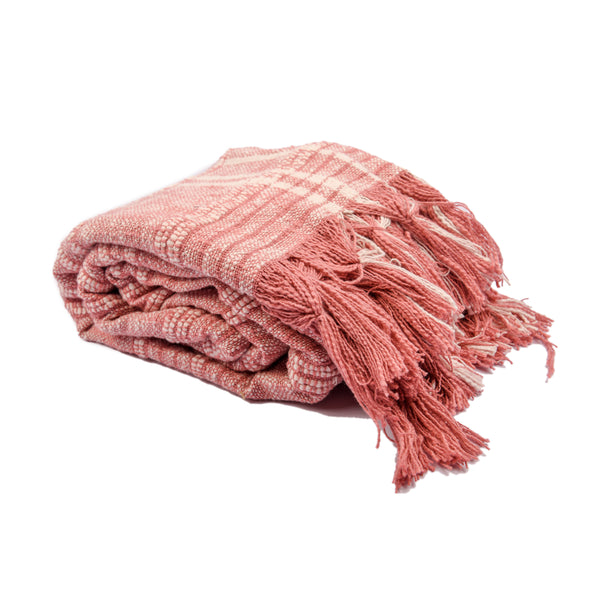 Homeroots 67" X 71" Pink And Ivory Cotton Woven Geometric Throw Blanket With Fringe  Cotton 519061