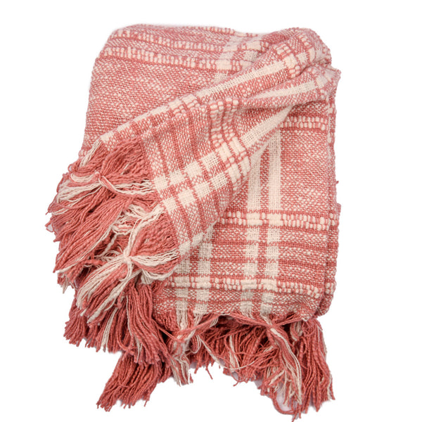 Homeroots 67" X 71" Pink And Ivory Cotton Woven Geometric Throw Blanket With Fringe  Cotton 519061