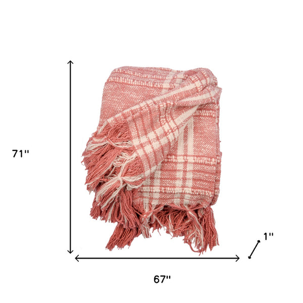 Homeroots 67" X 71" Pink And Ivory Cotton Woven Geometric Throw Blanket With Fringe  Cotton 519061