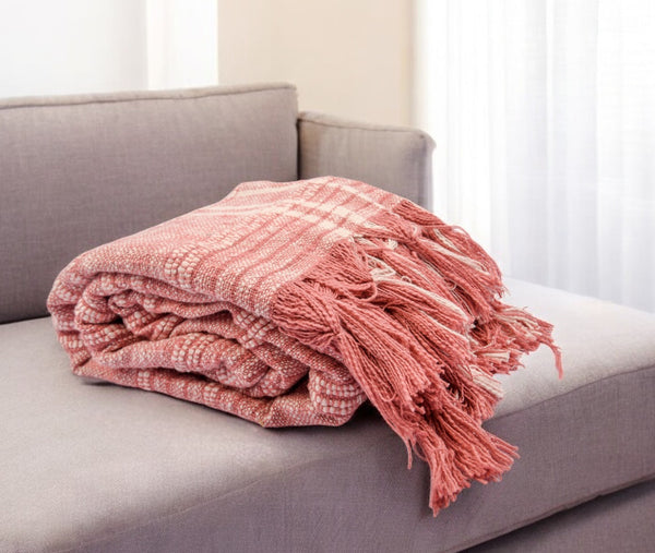 Homeroots 67" X 71" Pink And Ivory Cotton Woven Geometric Throw Blanket With Fringe  Cotton 519061