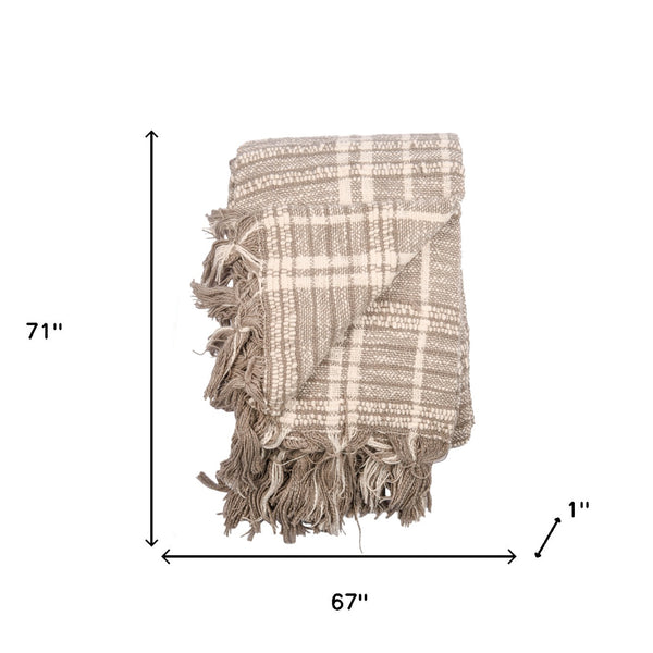 Homeroots 67" X 71" Gray And Ivory Cotton Woven Geometric Throw Blanket With Fringe  Cotton 519062
