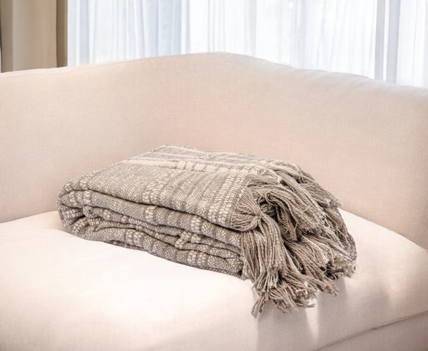 Homeroots 67" X 71" Gray And Ivory Cotton Woven Geometric Throw Blanket With Fringe  Cotton 519062