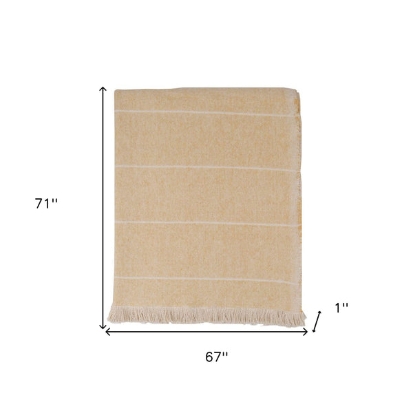 Homeroots 67" X 71" Light Brown Cotton Woven Striped Throw Blanket With Fringe  Cotton 519064