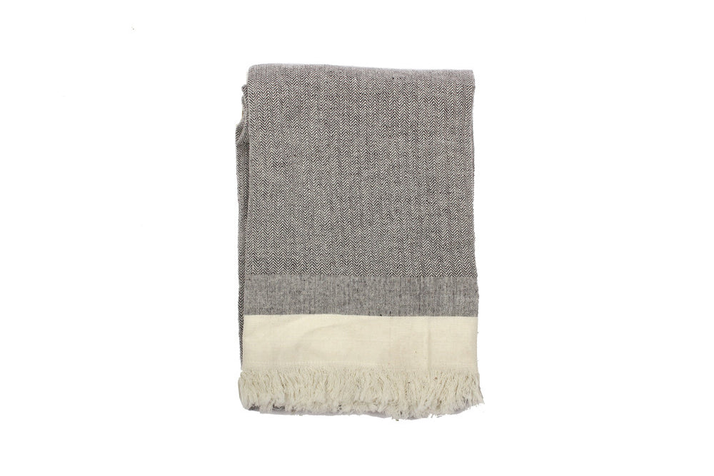 Homeroots 67" X 71" Gray And Ivory Cotton Woven Herringbone Throw Blanket With Fringe  Cotton 519067