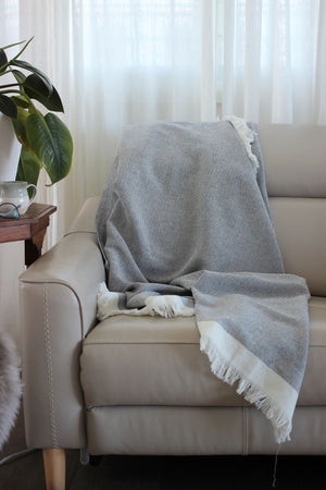 Homeroots 67" X 71" Gray And Ivory Cotton Woven Herringbone Throw Blanket With Fringe  Cotton 519067