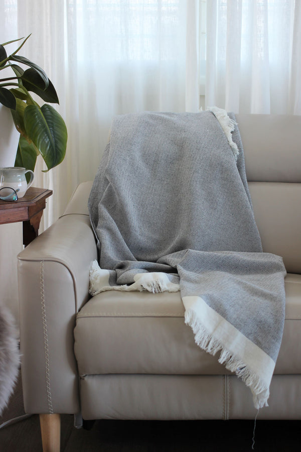 Homeroots 67" X 71" Gray And Ivory Cotton Woven Herringbone Throw Blanket With Fringe  Cotton 519067