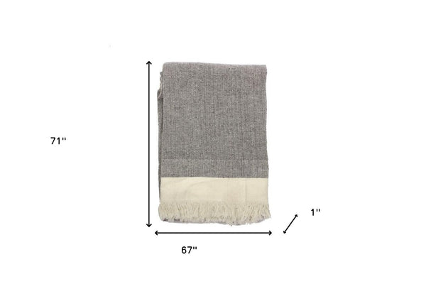 Homeroots 67" X 71" Gray And Ivory Cotton Woven Herringbone Throw Blanket With Fringe  Cotton 519067