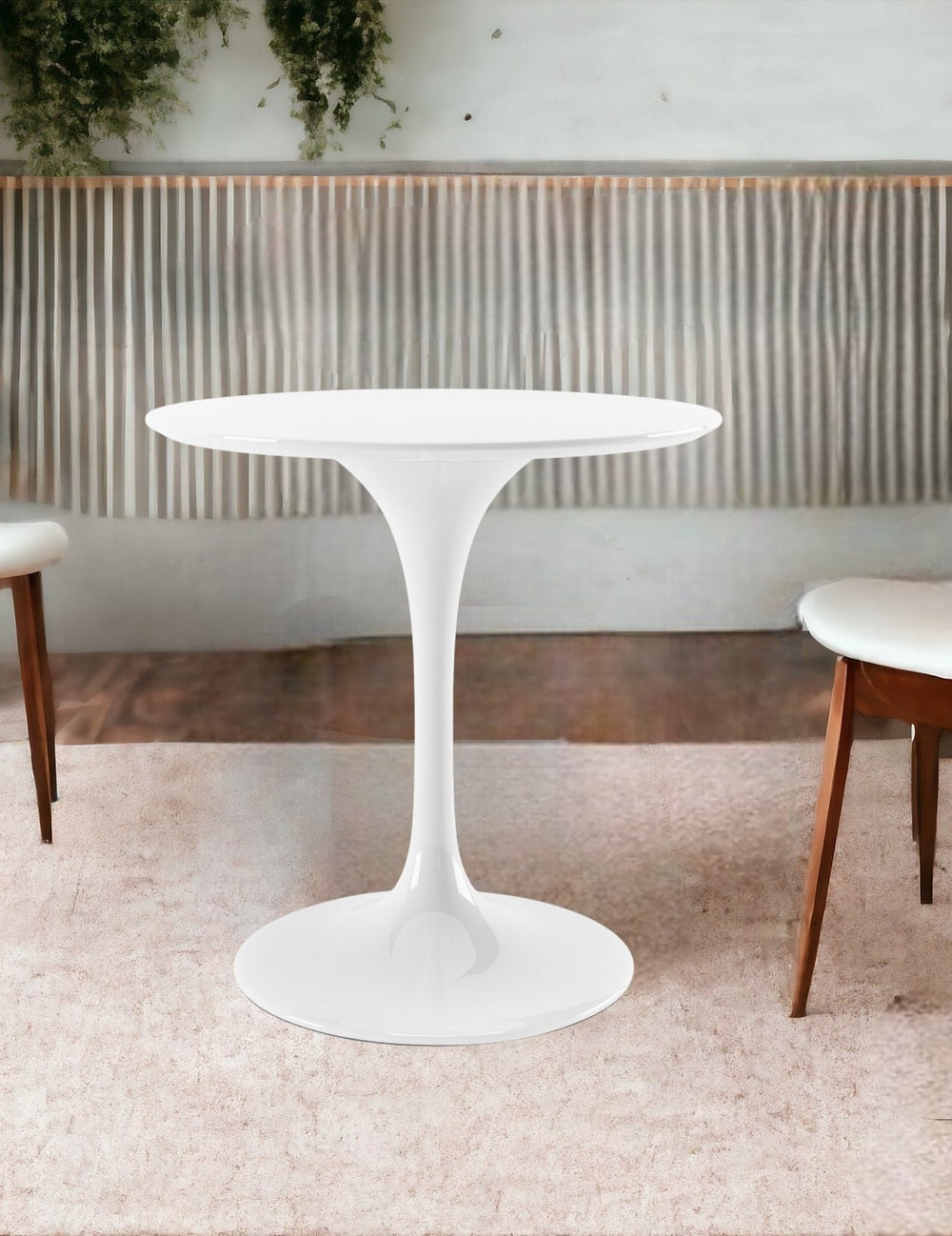 Homeroots 32" White Rounded Fiberglass And Metal Pedestal Base Dining Table   519070