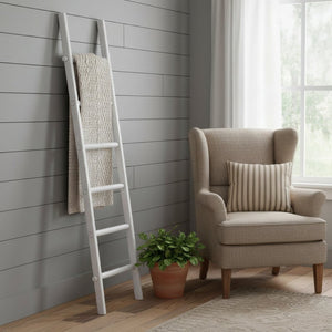 HomeRoots 76" White Six Step Solid Wood Ladder - Rustic Decorative Storage for Blankets & Home Décor Accents 519096