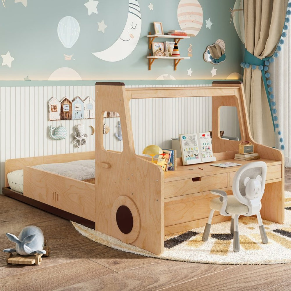 English Elm Twin Car Shaped Floor Bed with Storage Drawers and Built in Desk for Kids W1580P396320