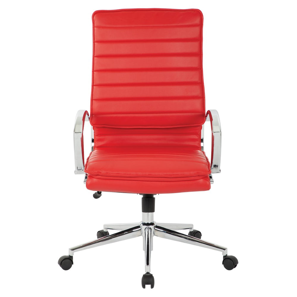 OSP Home Furnishings High Back Executive Office Chair with Faux Leather Upholstery Lumbar Support Chrome Arms Red SPX23590C-U9