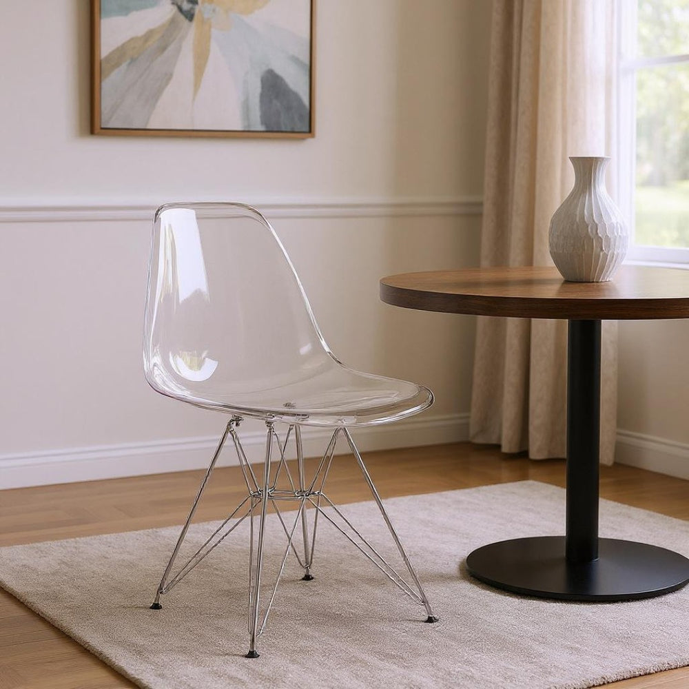 HomeRoots Clear Contemporary Dining Side Chair - Sleek Silver Steel Frame, Versatile Accent Seating, Durable Comfort 519169