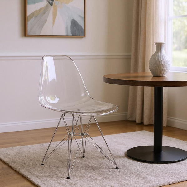 HomeRoots Clear Contemporary Dining Side Chair - Sleek Silver Steel Frame, Versatile Accent Seating, Durable Comfort 519169