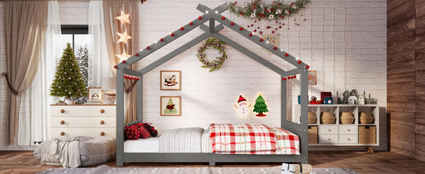English Elm Twin House Frame Floor Bed Solid Pine Kids Room Montessori Low Profile Play Nook Gray W1580P387843