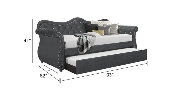 English Elm Abby Tufted Velvet Daybed with Trundle Gray — Hollywood tufted upholstery, nailhead trim, solid wood frame, luxe 808857766687