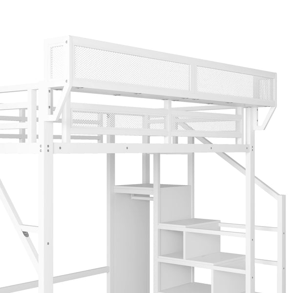 English Elm Full Size Loft Bed With Stairs & Shelves - Stylish Metal High Loft Bed For Kids & Teens, White Finish W2580S00032