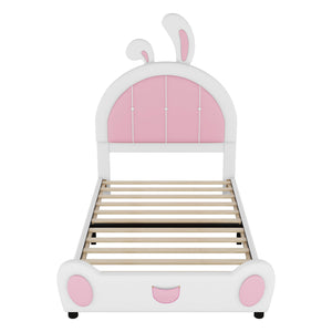 English Elm Twin Upholstered Platform Bed with Ribbit Headboard, White Pink Ears, Low-Profile Modern Frame, Cute WF323763AAK