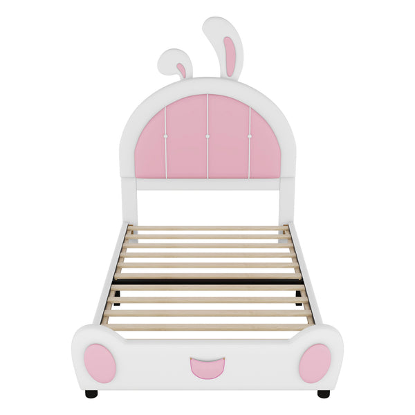 English Elm Twin Upholstered Platform Bed with Ribbit Headboard, White Pink Ears, Low-Profile Modern Frame, Cute WF323763AAK