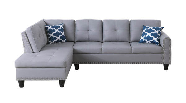 English Elm Irine Faux Leather Sectional Sofa with Ottoman, Storage Ottoman, Nailhead Trim, Cup Holders, Classic Comfort Gray B102S00069