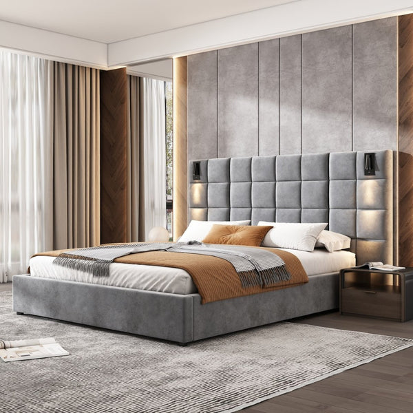 English Elm Queen Velvet Platform Bed Wide Headboard Built in Sconces Usb Ports Modern Bedroom N757Q200046G-1