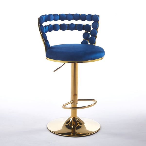 English Elm Modern Glam Pub Set with Marble Top Round Table and Two Adjustable Stools Gold+Blue W234S00135