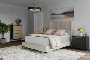 Sunpan Cairo Bed - King - Luxurious Antonio Porcelain With Tufted Comfort, Antique Brass Legs & Durability Cream Fabric 105562