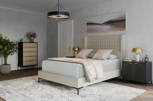 Sunpan Cairo Bed - King - Luxurious Antonio Porcelain With Tufted Comfort, Antique Brass Legs & Durability Cream Fabric 105562