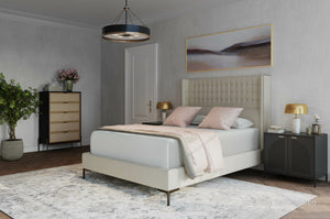 Sunpan Cairo Bed - Luxurious Deep Tufted Design with Cushioned Headrest and Elegant Antique Brass Legs King