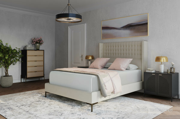 Sunpan Cairo Bed - Luxurious Deep Tufted Design with Cushioned Headrest and Elegant Antique Brass Legs King