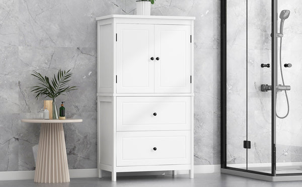English Elm Bathroom Storage Cabinet with Two Doors and Drawers, Adjustable Shelf, MDF Finish, Slim 28"L x 15"W White N725P188460K