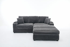 English Elm Corduroy Upholstered Chaise Lounge Sofa with Movable Ottoman, Cup Holder, Deep Seat Comfort Grey W2120S00007