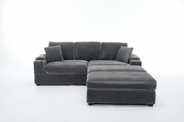 English Elm Corduroy Upholstered Chaise Lounge Sofa with Movable Ottoman, Cup Holder, Deep Seat Comfort Grey W2120S00007