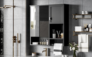 English Elm 29'' Modern Wall Mounted Medicine Cabinet with Mirror, Spacious Adjustable Shelves, Towel Bar and Durable MDF Finish Black N710P209440B