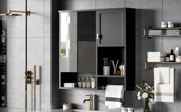 English Elm 29'' Modern Wall Mounted Medicine Cabinet with Mirror, Spacious Adjustable Shelves, Towel Bar and Durable MDF Finish Black N710P209440B