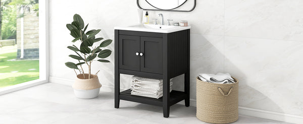 English Elm 24" Modern Sleek Bathroom Vanity with Ceramic Sink, Solid Wood Frame, Waterproof Finish and Open Shelf Storage Black N725P246473B