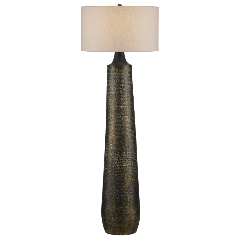 Brigadier Black Floor Lamp - Hand-Hammered Aluminum Design with Antique Gold Finish & Linen Shade