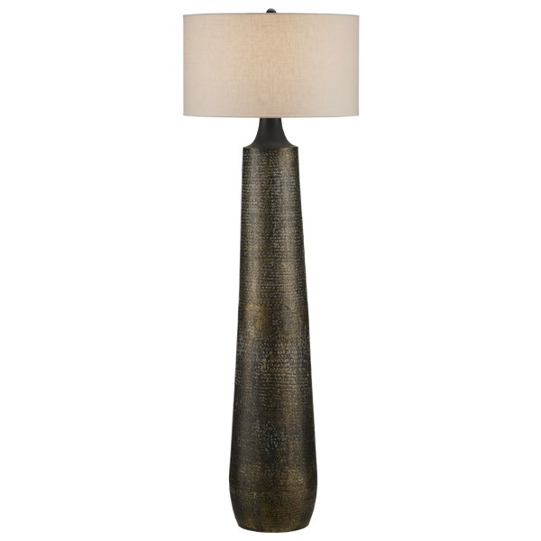 Brigadier Black Floor Lamp - Hand-Hammered Aluminum Design with Antique Gold Finish & Linen Shade