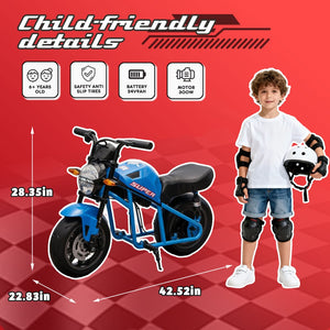 English Elm 24v300w Kids Electric Muscle Motorcycle with Dual Suspension Wide Eva Tires and Twist Throttle Blue W1578P382506