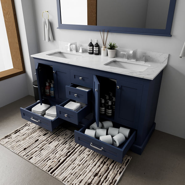 English Elm Navy Double Bath Vanity 60" W x 22" D with Carrara Marble Top, Chrome Faucet, Soft-Close Storage Elegance B2731P258380