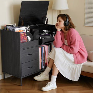 English Elm Record Player Stand with Vinyl Storage Mid-century Wood Console for Living Room T2398P438827