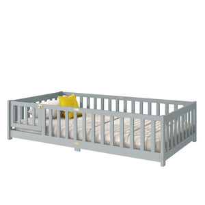 English Elm Twin Low Profile Rubberwood Floor Bed with Full Safety Fence for Toddler Rooms Grey W504P429267